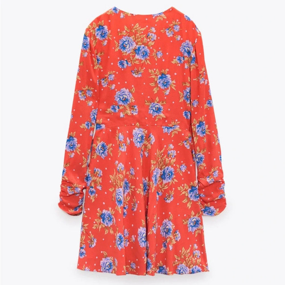 Zara Womens Red Floral V Neck  Wrap Ruched Long Sleeve Dress size S - Picture 2 of 10